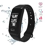 Wireless Fitness Activity Tracker Smart Bracelet Watch Wristband Blood Pressure Heart Rate Calorie Tracker Pedometer Sport Sleep Monitor Waterproof for Android IOS Phone（Black）