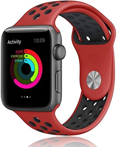 Apple Watch Band, LOHG 42mm Soft Silicone Bracelet iwatch Bands Sport Replacement Strap Wristband with Ventilation Holes for Apple Watch Nike+, Apple Watch Series 1/2 (( 42MM -- Black / Red))