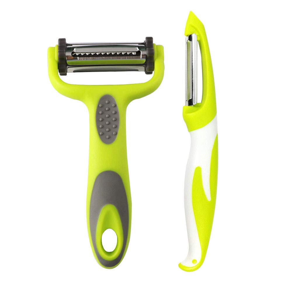 QitinDasen 2Pcs Professional Vegetable Peeler and Fruit Peeler, 3 in 1 Multifunction Y Peeler + Straight Peeler, Swivel Peeler, Potato Peeler, Carrot Peeler (Green)