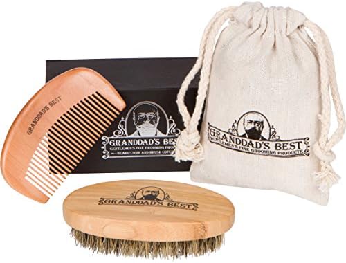 Beard Brush &amp; Bamboo Crafted Beard Comb Set Made From Authentic Boar Hair Bristles Is A Complete Grooming Kit For Men And Comes With Carry Bag and Handsome Gift Box by Granddads Best.