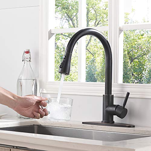 Hotis Pull Down Prep Sprayer Single Lever Single Handle Pull Down Kitchen Sink Faucet, Lead-Free Oil Rubbed Bronze Kitchen Faucets with Deck Plate