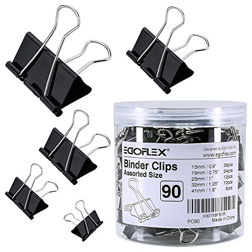 EGOFLEX 90 Piece Binder Clips Paper Clamps Black Assorted 5 Sizes Organizer for Memo Notes Letter Legal Paper Office (Large, Medium, Small, Mini, Micro)