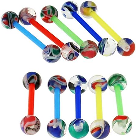Straight Barbells 14Gx5/8 (1.6x16MM) Flexible with 5MM UV Multi Color Marble Ball Tongue Piercing Rings - 10 Pieces Assorted Color as Show