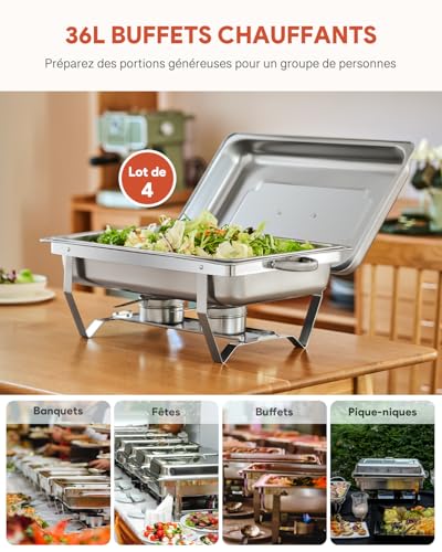 WILPREP Set of 4 Chafing Dishes, 1 Full Dish + 2 Half Plates, Rectangular 9L Stainless Steel Heated Buffets for Restaurants, Parties, Buffets, Banquets, Dinners (Pack of 4 – GN1/1+2×GN1/2)