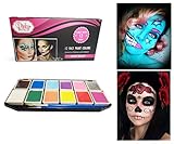 Face Paint Kit for Kids and Adults - 12 Colors XL Set with 1 Glitter and 1 UV Glow Color - 2 Brushes Included, Safe Water-Based Non-Toxic by Pinky Petals