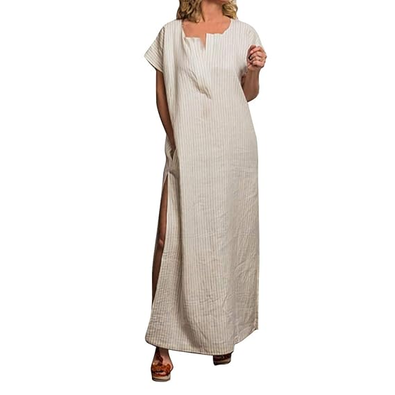 Feifish Robe Longue Blanche Robe été Femme De Plage Mode Lin