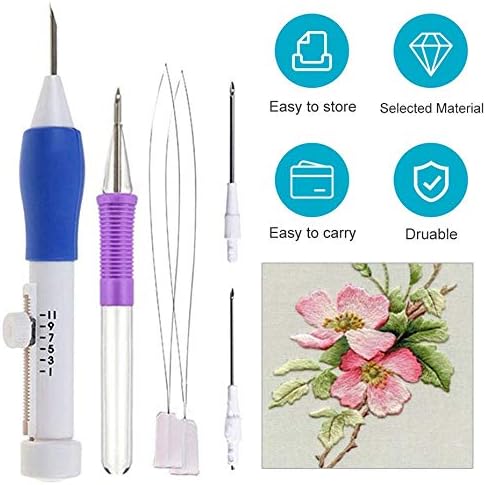 HOBFUUK Magic Embroidery Pen Punch Needles Set DIY Sewing Tools with Storage Box white & blue