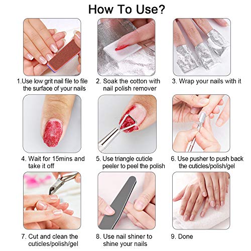 Nail Polish Remover Tool Kit,200PCS Gel Nail Polish Remover Wraps Gel Nail Soak Off Foils Wraps,1PCS Cuticle Pusher,1PCS Triangle Cuticle Peeler Scraper,2PCS 100/180/320/400/3000 Nail Buffer & Shiner - Thumbnail 6