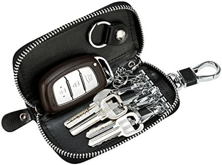 Foonii Genuine Leather Woven Men Oversized Zip Around Key Case Car Key Wallet 6 Hook (Black)