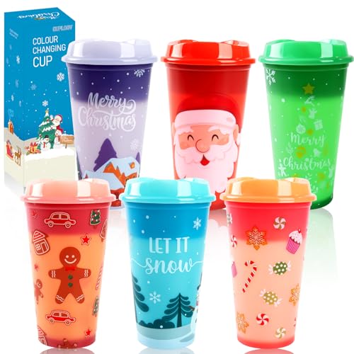 6pcs Christmas Color Changing Hot Cups with Lids, Plastic Reusable Hot Coffee Cups for Adults Kid Winter Christmas Holiday Birthday Party Cups Tumblers, 16 Oz