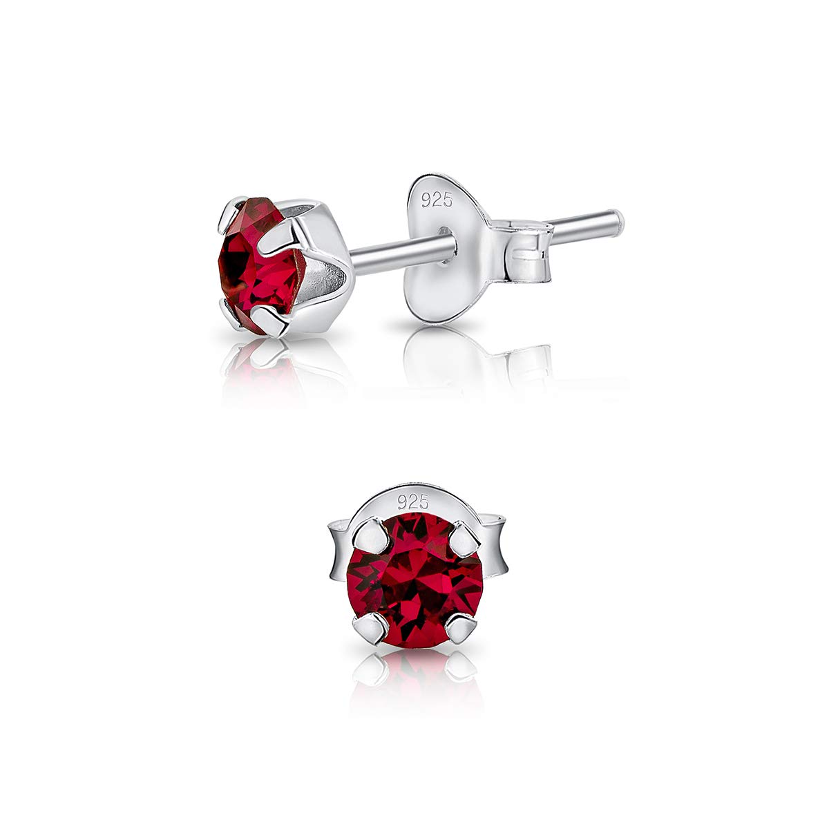 925 Sterling Silver Round SMALL Stud Earrings made with Glittering Crystals - Small Silver Studs Earrings for Woman - Diameter: 4 mm - Colour : Ruby
