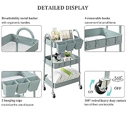 danpinera 3-Tier Rolling Cart, Metal Rolling
