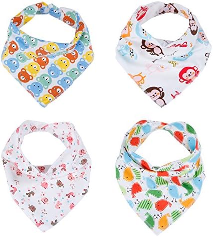 Eunice Cotton Baby Bandana Drool Bibs with Snaps for Boys &amp; Girls, Pack of 4 Cute Unisex Baby Gift Set( Bears,Rabbits, Chicks and Monkeys )
