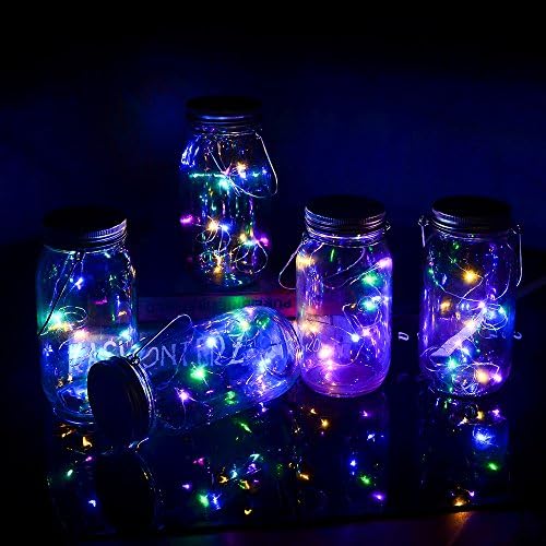 Yzan 5-Pack Solar Mason Jar Lights-10 Bulbs Multicolor Hanging Fairy Firefly Lights Fit for Regular Mouth Jars with 5 Handles and 10 PVC Cards for Christmas Decor Table (Jars Not Included)