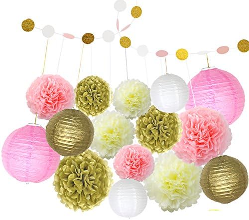 REGUBI 16pcs Tissue Hanging Paper Pom poms Flowers, Hmxpls Flower Ball paper lantern Wedding Party Outdoor Decoration Premium Tissue Paper Pom Pom Flowers Craft Kit
