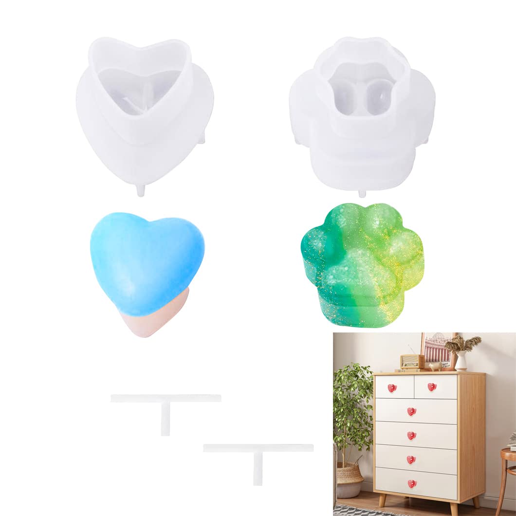 Koonafy 2 Pcs Resin Drawer Knob Moulds, Cat Paw Heart Diamond Crystal Silicone Mould, Door Pull Epoxy Silicone Molds, Knob Casting Molds for DIY Jewelry Keychain, Kitchen Cabinet Door Handle