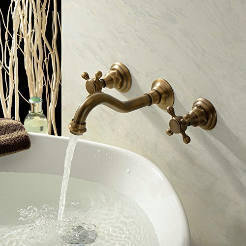 Beelee Wall Mount Double Handles 3 Hole Widespread Bathroom Sink Faucet Antique Brass Finish