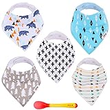 Baby Bandana Drool Bibs | Eco Silicon Spoon – 5 Teething Bibs for Newborn Boys and Girls – Made of Natural Cotton and Soft Fleece - Unisex Patterns, Suitable as Baby Shower Gift Set (Unisex) by ILOVEM