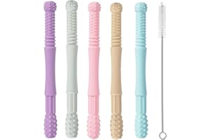Faruxue Hollow Teething Tubes, 5 Pack Teething Tubes, Food-Grade Silicone Soft Teething Straws for Babies 0 to 6 Month, Senso