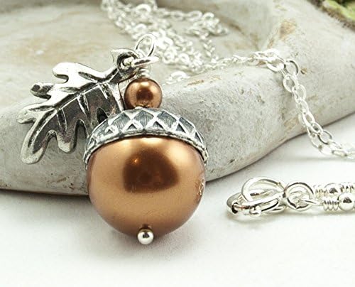 Dashe Designs Acorn Necklace with Oak Leaf, Copper Colored Simulated Pearls, Handmade Gift, Sterling Silver Chain (20 inches)