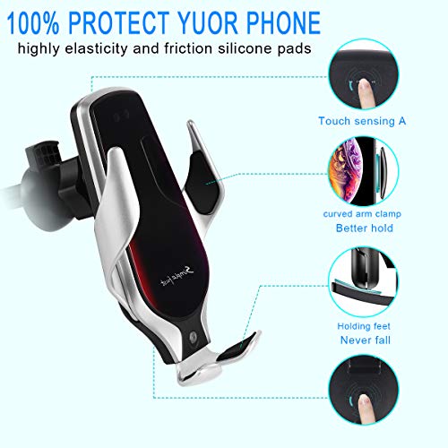 Smart Sensor Wireless Car Charger Mount, Automatic Clamping QC/QI 10W Fast Charging Car Charger Holder Compatible with iPhone 11/Xs/Xs Max/XR/X /8,Samsung Galaxy Note 9/ S9/ S9+/ S8 etc(Silver) - Thumbnail 2