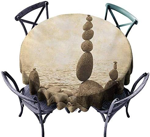 Ficldxc Antifouling Tablecloth Ocean Coastal Shore Calm Water Zen Print Sepia Big and Small Rocks Pebbles Grunge Artsy Beige Brown Indoor Outdoor Camping Picnic D71
