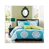 Aqua Blue Lime Green Floral Damask Print Comforter Bedding Set Girls Teen
