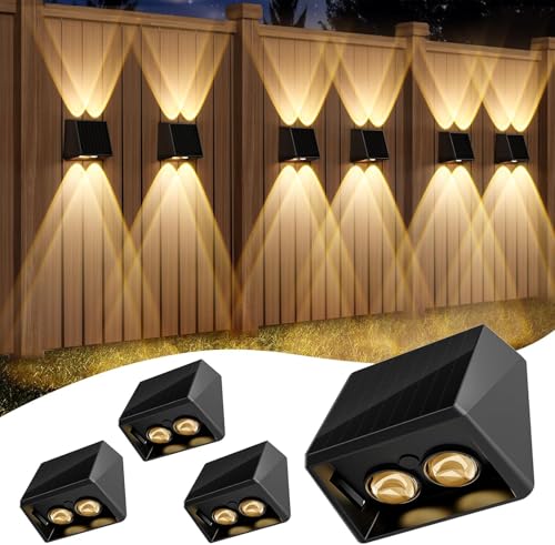 Quntis Up Down Solar Wall Light Outdoor, 4Pack Warm White & RGB Solar Fence Lights, IP65 Waterproof Front Door Outside Lights for Garden Porch Deck Stair Post Yard Backyard Pathway, Black