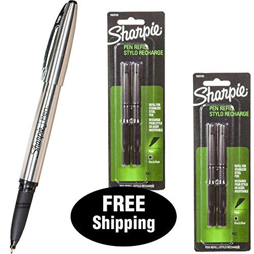 Sharpie Stainless Steel Pen 1800702 with 2 Packs Refills 1800730, Black