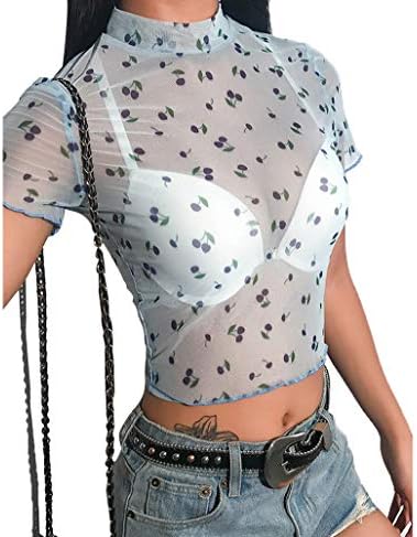 Women's Sheer See Through Crop Top Long Sleeve Angel Print High Neck Sexy Mesh Shirt Blouse