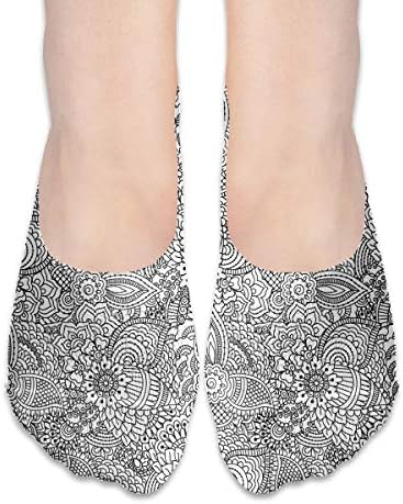 Women's No Show Sock， Monochrome Design Ethnic Cultural Pattern Intricate Mehendi Swirls Asian Leaves,Non-Slid Socks