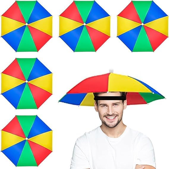 yingd 5 Pack Umbrella Caps With Elastic Bands, Adjustable Rainbow Umbrella Hat Waterproof Fishing Cap for Adults and Kids