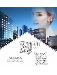 Sllaiss - Juego de pendientes de tuerca con circonita de Swarovski para mujer, de plata de ley, 4 puntas, corte princesa, circonita cúbica de 2 quilates, hipoalergénico