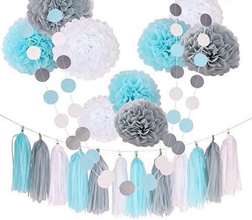 31 PIECE DECORATION SET Silver+ Baby Blue + White Tissue Paper Pom Poms and Tassels for Baby Shower, Nursery, Wedding, Graduation, Bridal Shower, Party Decoration Ideas and Supplies
