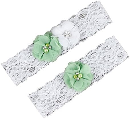 Bridal White Lace Wedding Garter Set of 2 Green Flowers Rhinestone With Toss Away