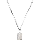 Silver Cross Necklace for Women Dainty Sterling Silver Cross Necklaces Christian Faith Religious Gifts for Women Trendy Rectangular Crucifix Pendant Toggle Clasp Necklace Baptism Daily Wear Jewelry