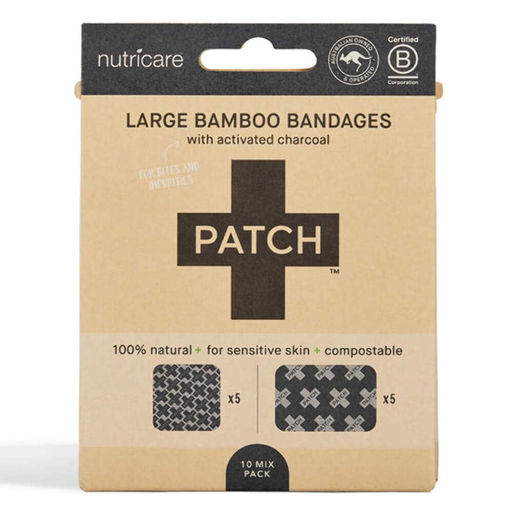PATCH Large Format Bamboo Plasters for Bites & Splinters Hypoallergenic Wound Care for Sensitive Skin, Latex Free, Activated Charcoal, 10pcs