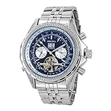GuTe Elegant Silver Steel Automatic Mechanical Wristwatch Blue Dial Day Date Month Dress