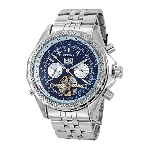 GuTe Elegant Silver Steel Automatic Mechanical Wristwatch Blue Dial Day Date Month Dress