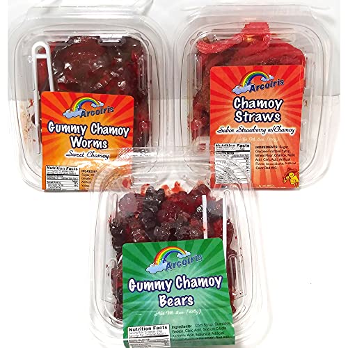Arcoiris Chamoy Sweet Sour Candy Gummy Bears 8 Oz, Gummy Worms 8 Oz, Chamoy Straws 6 Oz 3