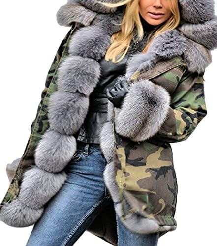 Rrive Womens Open Front Faux Fur Camo Print Hooded Warm Long Jacket Coat 1 2XL