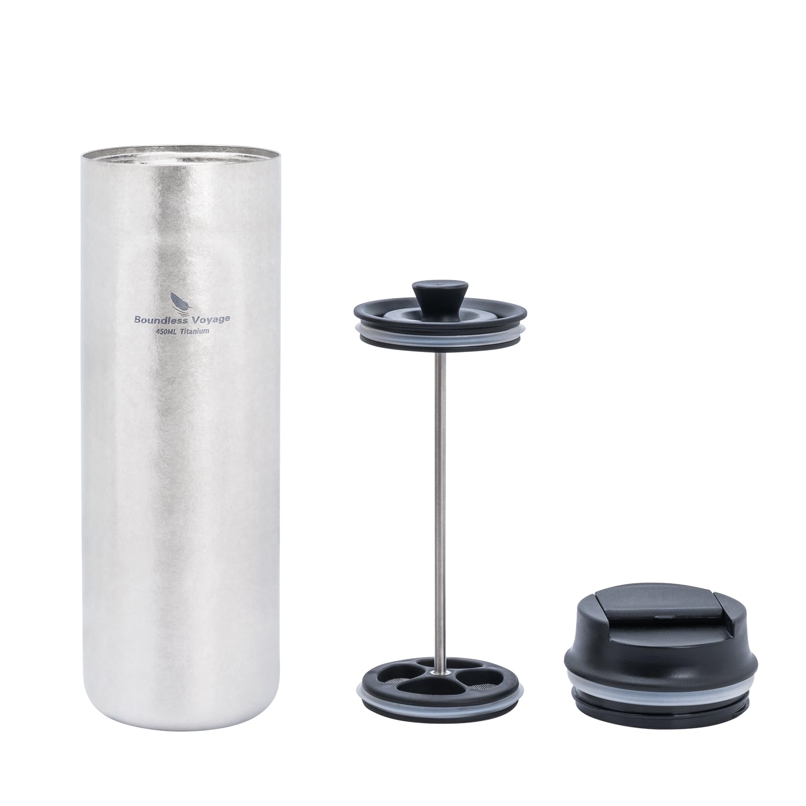 iBasingo 450ml Titanium French Press Coffee Cup Double-Walled Insulated Vacuum Flask Tea Water Bottle Outdoor Travel Portable Tumbler Car Mug with Lid Ti3255D