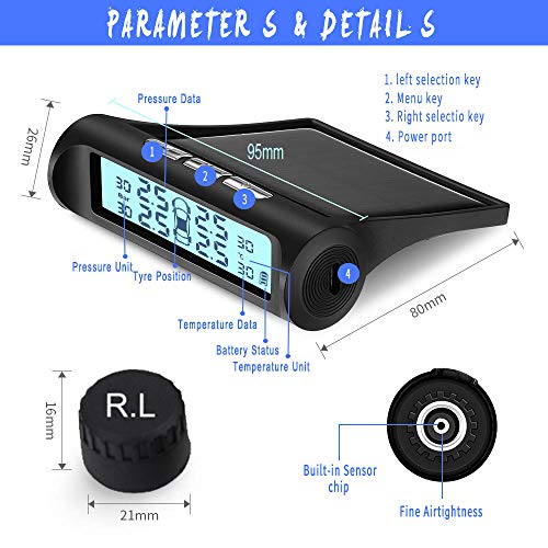 B-Qtech Solar Power Tire Pressure Monitoring System Wireless TPMS Monitor with 4 External Sensors Adjustable Display Angle-Solar System
