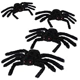 Jovitec 4 Pack Black Hairy Spiders Giant Spider Huge Spider Fake Hairy Spider Toys for Halloween Parties Haunted House Decorations, 12 Inches