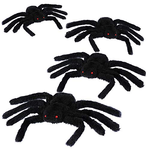 Jovitec 4 Pack Black Hairy Spiders Giant Spider Huge Spider Fake Hairy Spider Toys for Halloween Parties Haunted House Decorations, 12 Inches