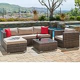 SUNCROWN Outdoor Patio Furniture Sectional Sofa and Chair (6-Piece Set) All-Weather Brown Wicker with Seat Cushion and Modern Glass Coffee Table, Garden, Backyard, Pool, Waterproof Cover