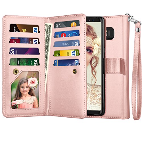 Njjex for Galaxy Note 8 Case, for Note 8 Wallet Case, PU Leather [9 Card Slots] ID Credit Folio Flip Cover [Detachable] [Kickstand] Magnetic Phone Case & Wrist Strap for Samsung Note 8 [Rosegold]