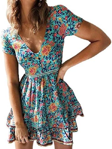 Tymhgt Women's V Neck Short Sleeve Dress Boho Floral Print A-Lined Mini Dresses