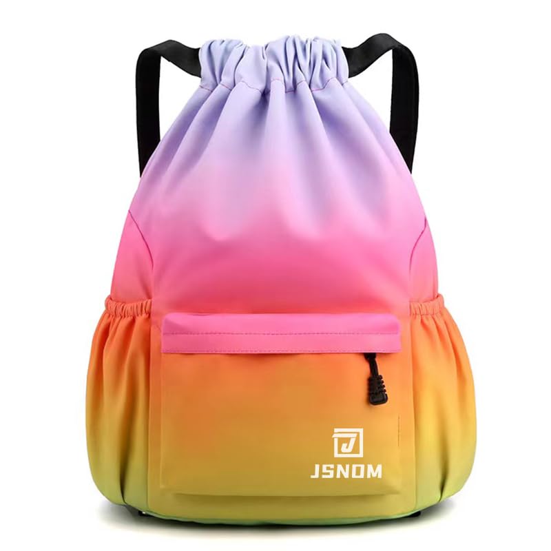 JSNOM Drawstring Gym Bags Waterproof : Large Sports Travel Yoga School Rucksack Backpack with Zip Pocket for Men Women (Rainbow, L)