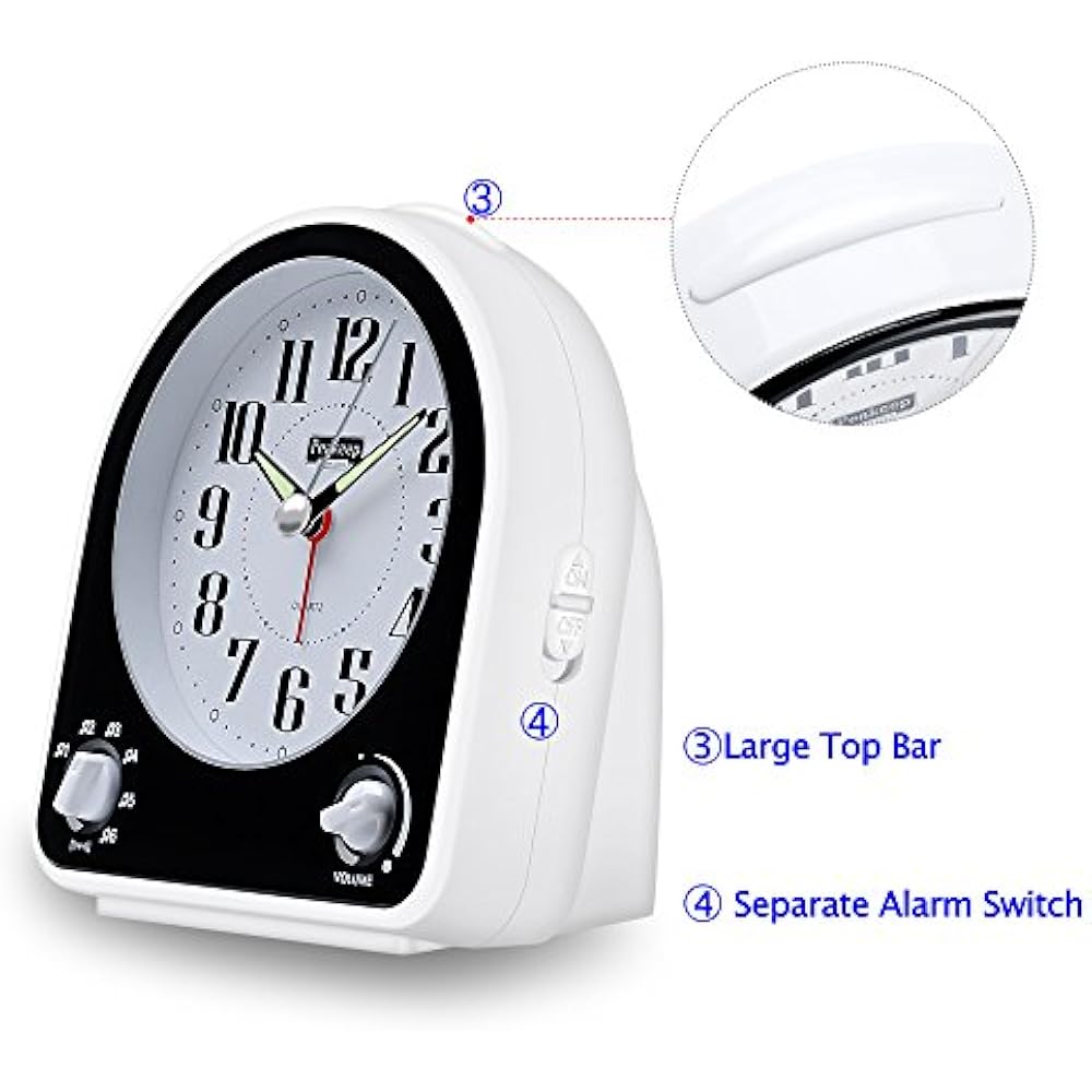 NonTicking Silent Alarm Clock, Optional 7 Wakeup Sounds With Volume